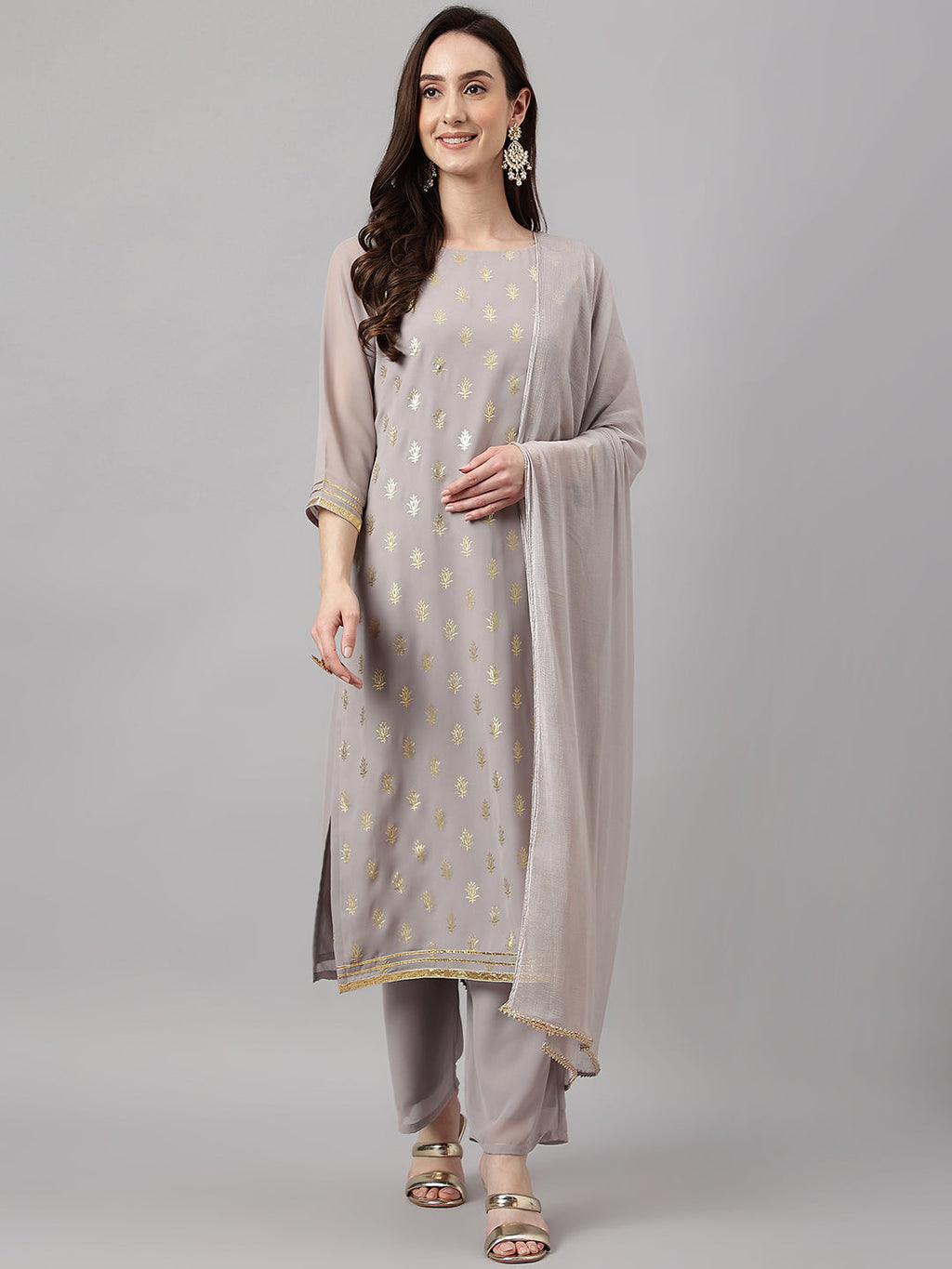 Janasya Women's Grey Georgette Foil Printed Straight Festive Kurta Set | Grocsy