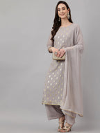 Janasya Women's Grey Georgette Foil Printed Straight Festive Kurta Set | Grocsy