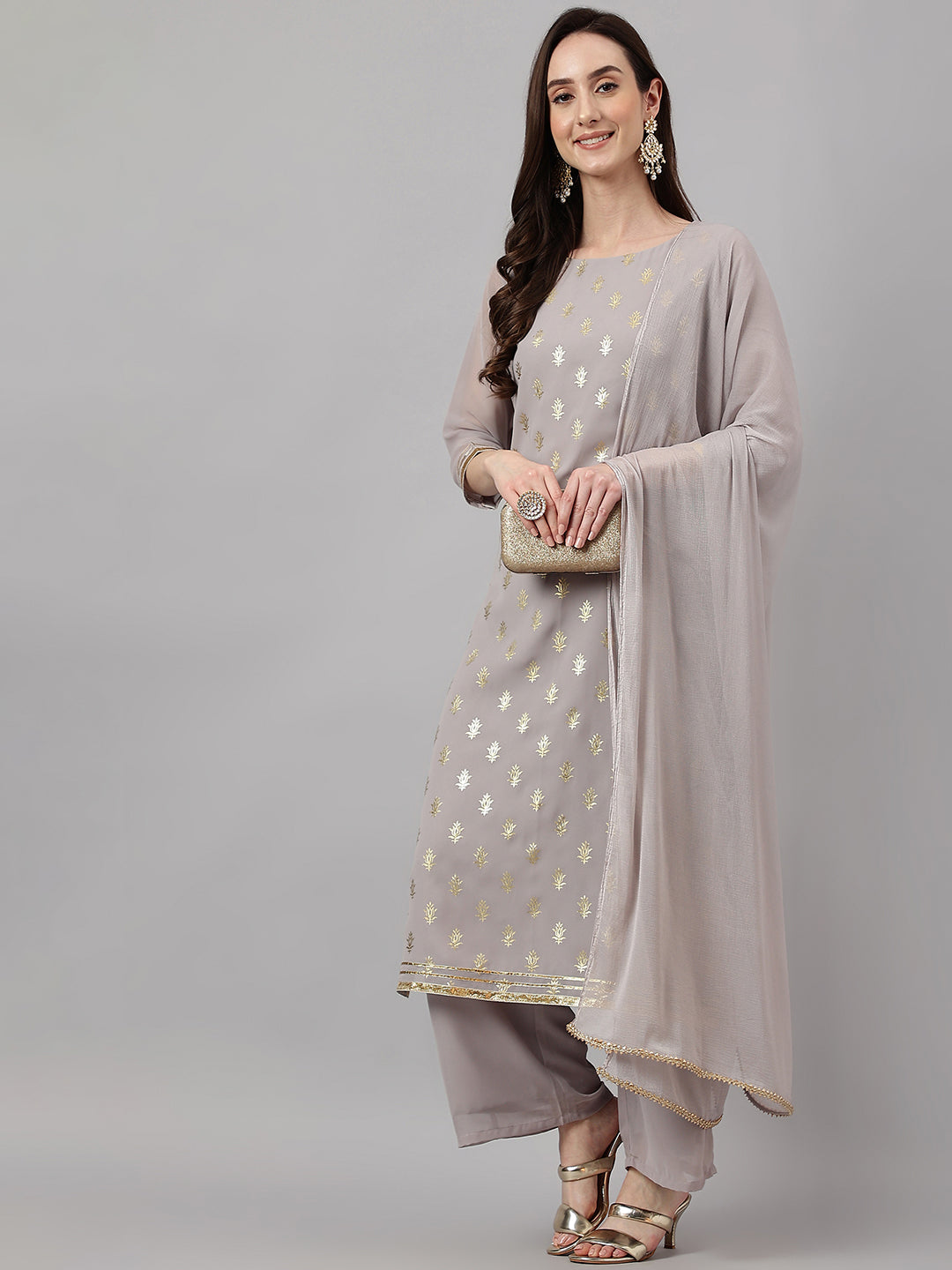 Janasya Women's Grey Georgette Foil Printed Straight Festive Kurta Set | Grocsy