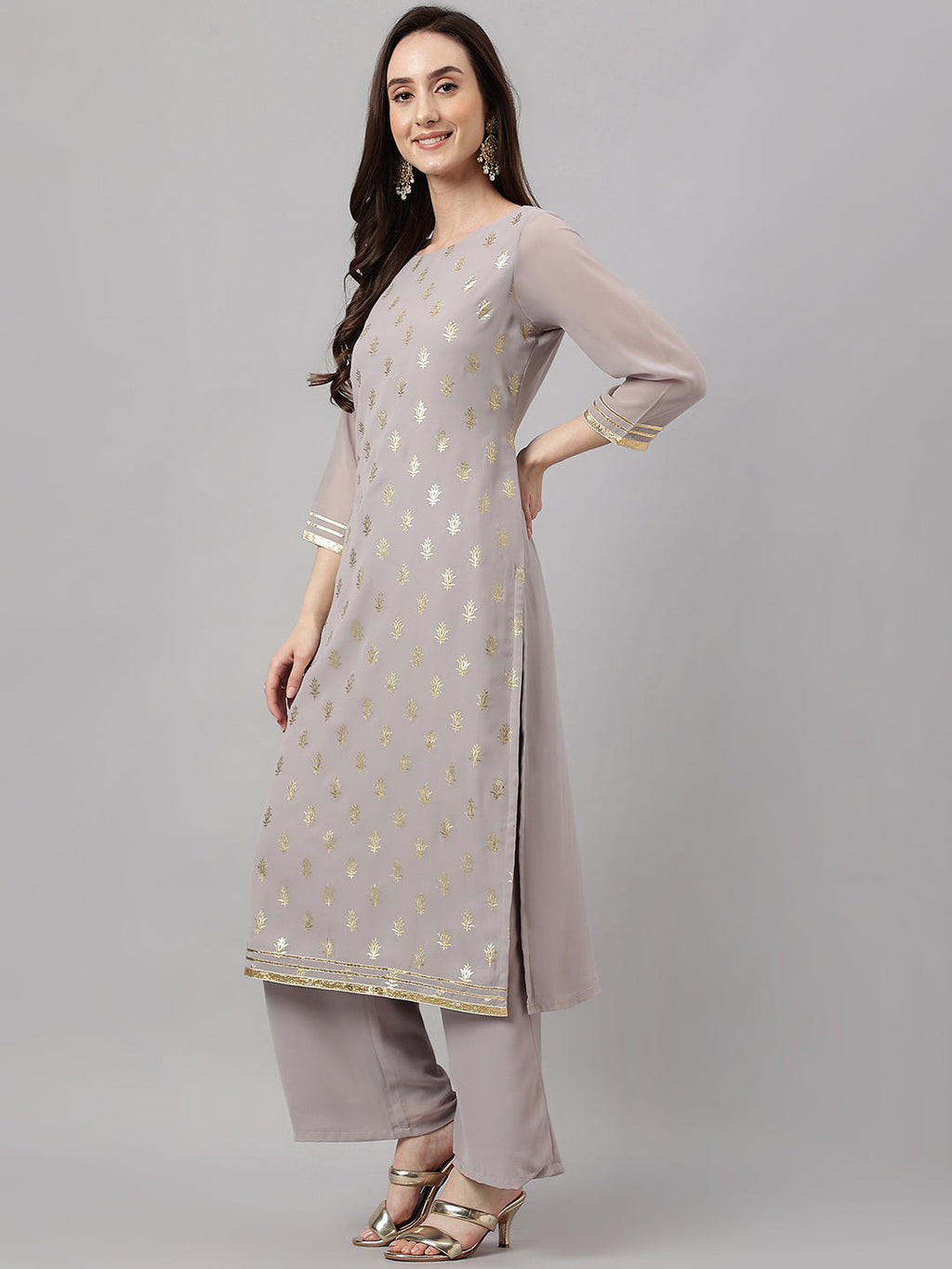 Janasya Women's Grey Georgette Foil Printed Straight Festive Kurta Set | Grocsy