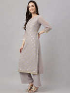 Janasya Women's Grey Georgette Foil Printed Straight Festive Kurta Set | Grocsy