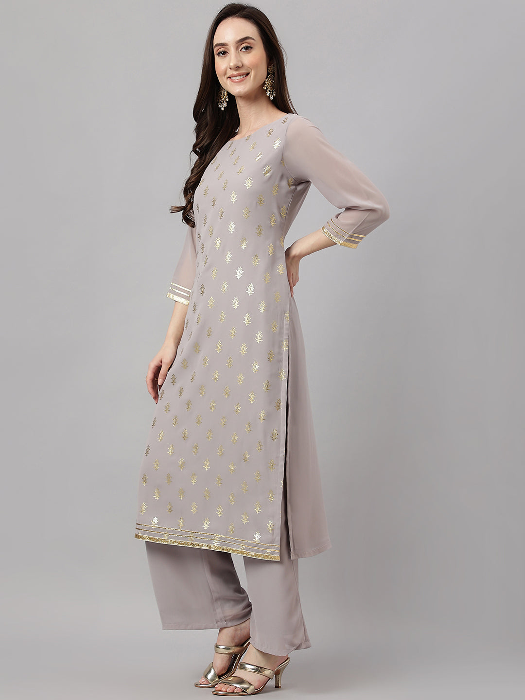 Janasya Women's Grey Georgette Foil Printed Straight Festive Kurta Set | Grocsy