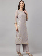 Janasya Women's Grey Georgette Foil Printed Straight Festive Kurta Set | Grocsy