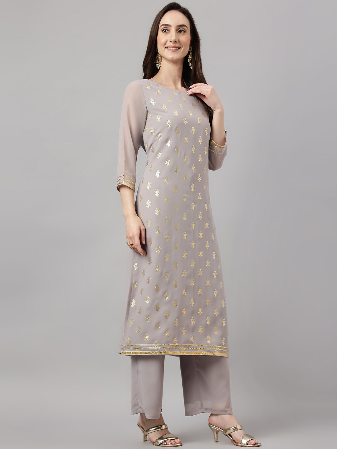 Janasya Women's Grey Georgette Foil Printed Straight Festive Kurta Set | Grocsy