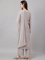 Janasya Women's Grey Georgette Foil Printed Straight Festive Kurta Set | Grocsy