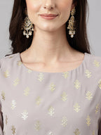 Janasya Women's Grey Georgette Foil Printed Straight Festive Kurta Set | Grocsy