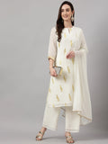 Janasya Women's Off White Georgette Foil Printed Straight Festive Kurta Set | Grocsy
