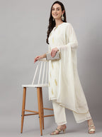 Janasya Women's Off White Georgette Foil Printed Straight Festive Kurta Set | Grocsy