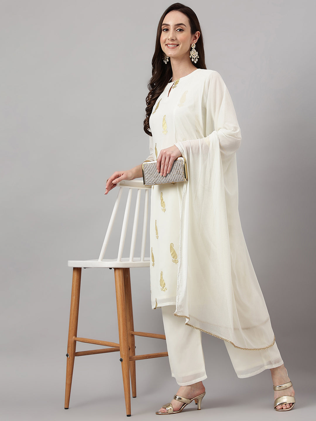 Janasya Women's Off White Georgette Foil Printed Straight Festive Kurta Set | Grocsy