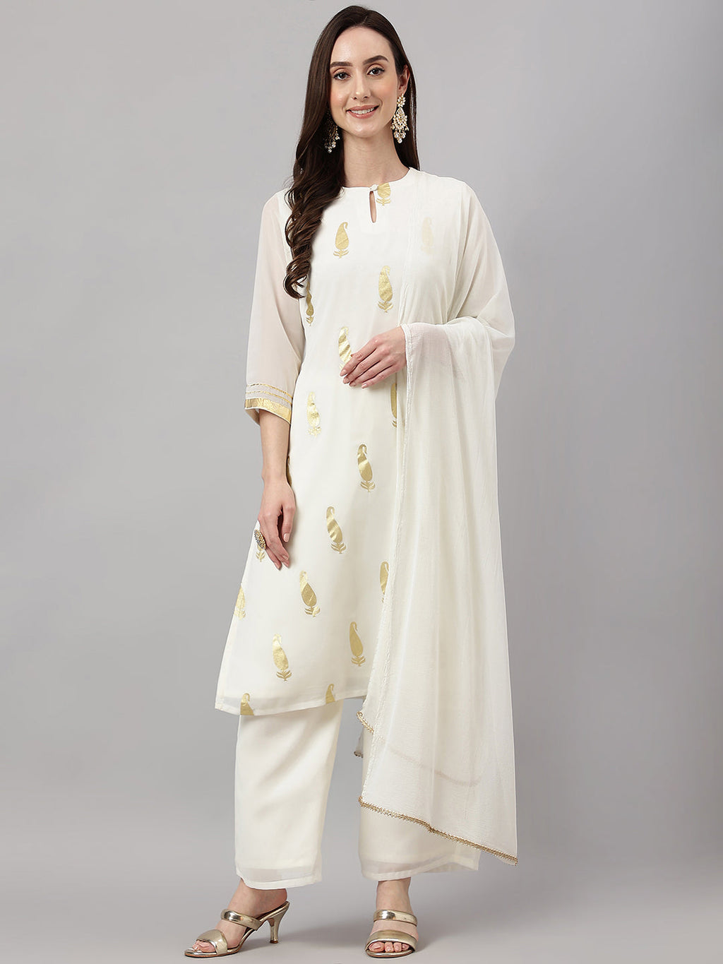 Janasya Women's Off White Georgette Foil Printed Straight Festive Kurta Set | Grocsy