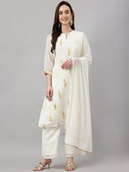 Janasya Women's Off White Georgette Foil Printed Straight Festive Kurta Set | Grocsy