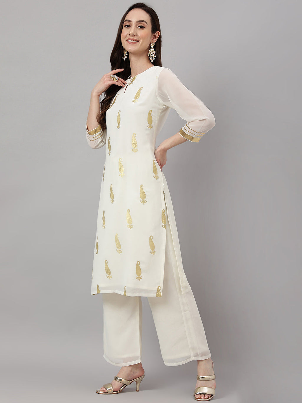Janasya Women's Off White Georgette Foil Printed Straight Festive Kurta Set | Grocsy