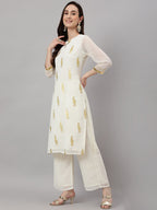 Janasya Women's Off White Georgette Foil Printed Straight Festive Kurta Set | Grocsy