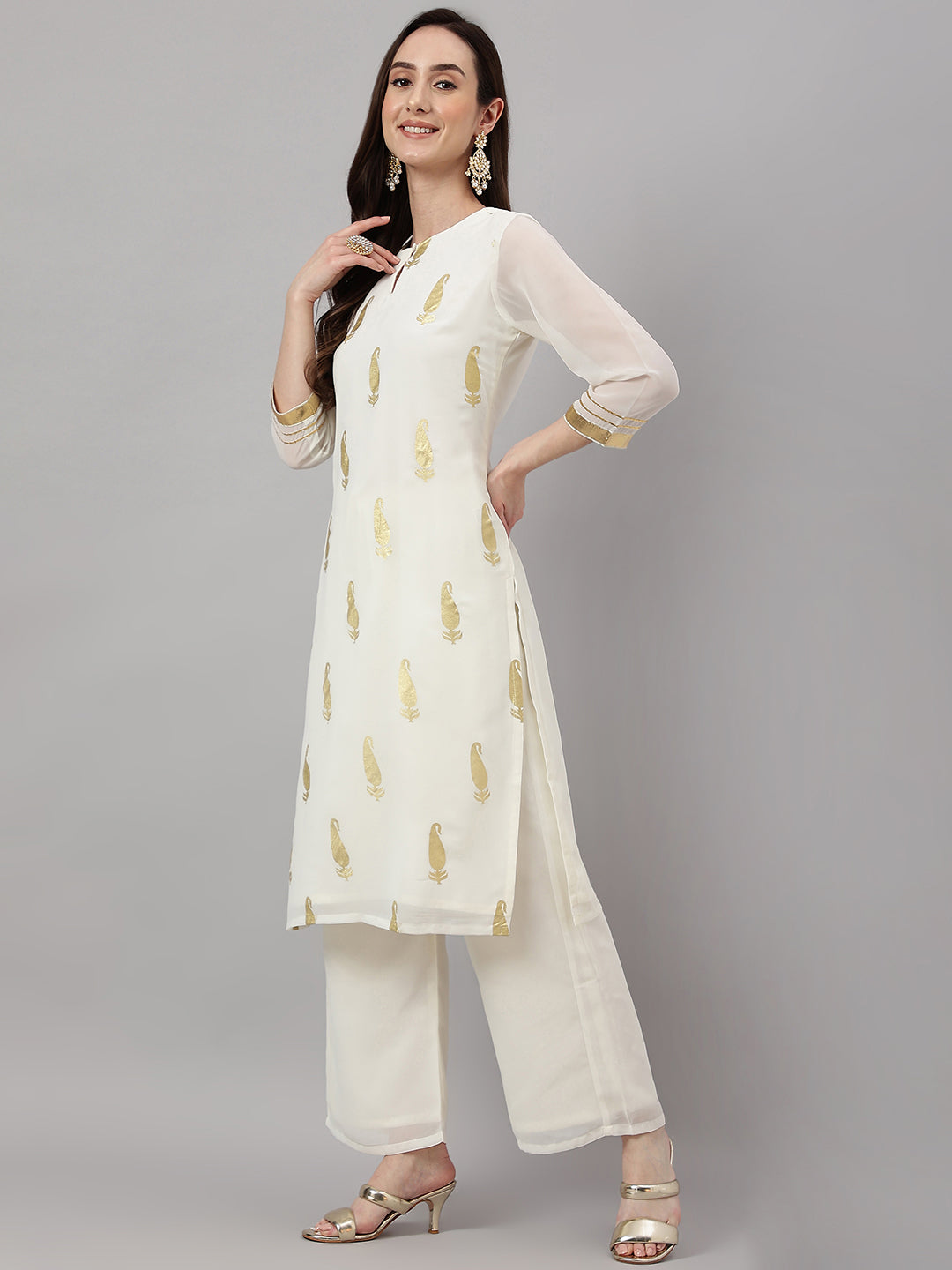 Janasya Women's Off White Georgette Foil Printed Straight Festive Kurta Set | Grocsy