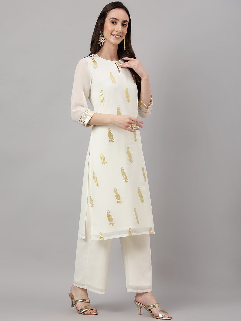 Janasya Women's Off White Georgette Foil Printed Straight Festive Kurta Set | Grocsy