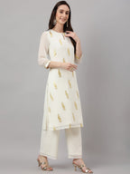 Janasya Women's Off White Georgette Foil Printed Straight Festive Kurta Set | Grocsy