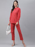 Janasya Women's Red Cotton Ethnic Motifs Regular Casual Top Set | Grocsy