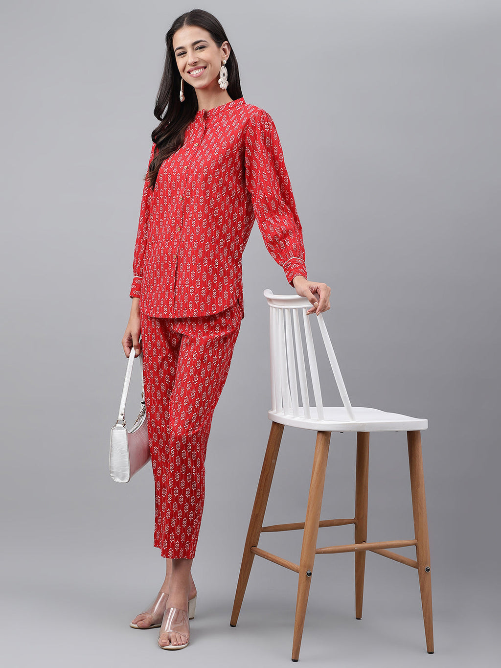 Janasya Women's Red Cotton Ethnic Motifs Regular Casual Top Set | Grocsy