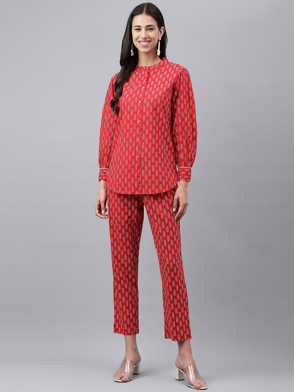 Janasya Women's Red Cotton Ethnic Motifs Regular Casual Top Set | Grocsy