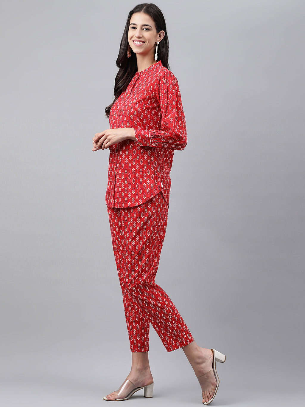 Janasya Women's Red Cotton Ethnic Motifs Regular Casual Top Set | Grocsy