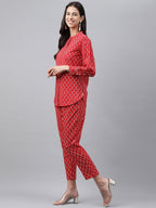 Janasya Women's Red Cotton Ethnic Motifs Regular Casual Top Set | Grocsy