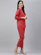 Janasya Women's Red Cotton Ethnic Motifs Regular Casual Top Set | Grocsy