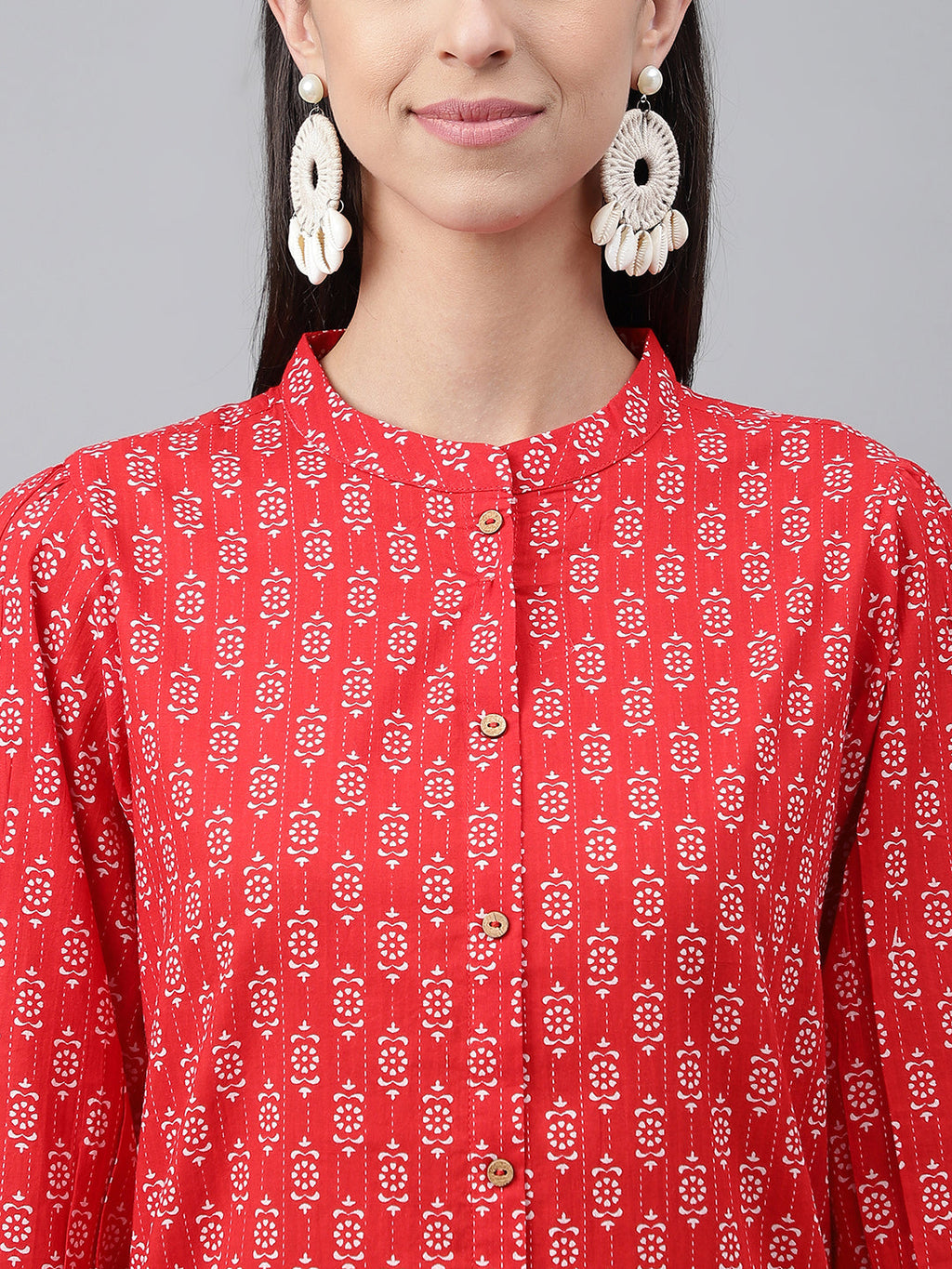 Janasya Women's Red Cotton Ethnic Motifs Regular Casual Top Set | Grocsy