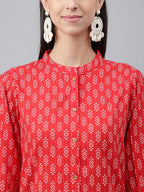 Janasya Women's Red Cotton Ethnic Motifs Regular Casual Top Set | Grocsy