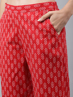 Janasya Women's Red Cotton Ethnic Motifs Regular Casual Top Set | Grocsy