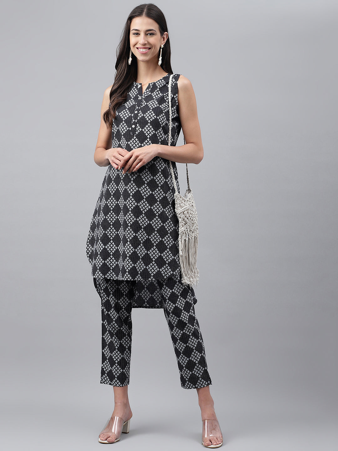 Janasya Women's Black Cotton Ethnic Motifs High Low Casual Kurta Set | Grocsy
