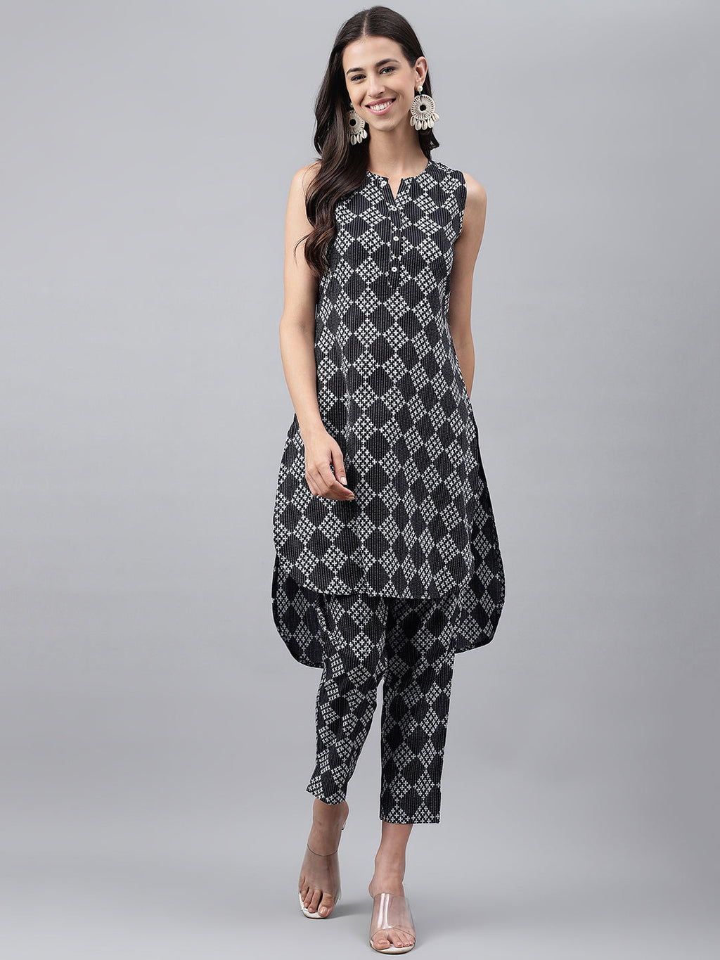 Janasya Women's Black Cotton Ethnic Motifs High Low Casual Kurta Set | Grocsy