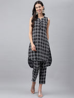 Janasya Women's Black Cotton Ethnic Motifs High Low Casual Kurta Set | Grocsy