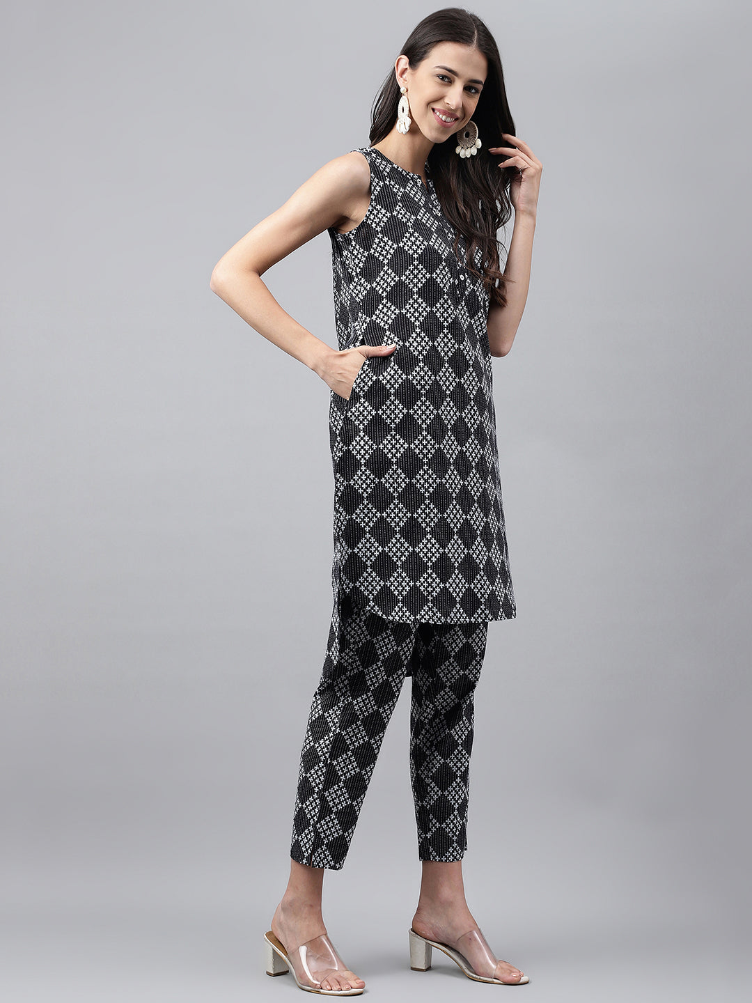 Janasya Women's Black Cotton Ethnic Motifs High Low Casual Kurta Set | Grocsy