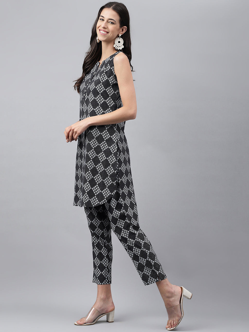 Janasya Women's Black Cotton Ethnic Motifs High Low Casual Kurta Set | Grocsy