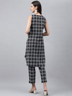 Janasya Women's Black Cotton Ethnic Motifs High Low Casual Kurta Set | Grocsy