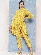 Janasya Women's Mustard Cotton Floral Printed High Low Casual Tunic Set | Grocsy