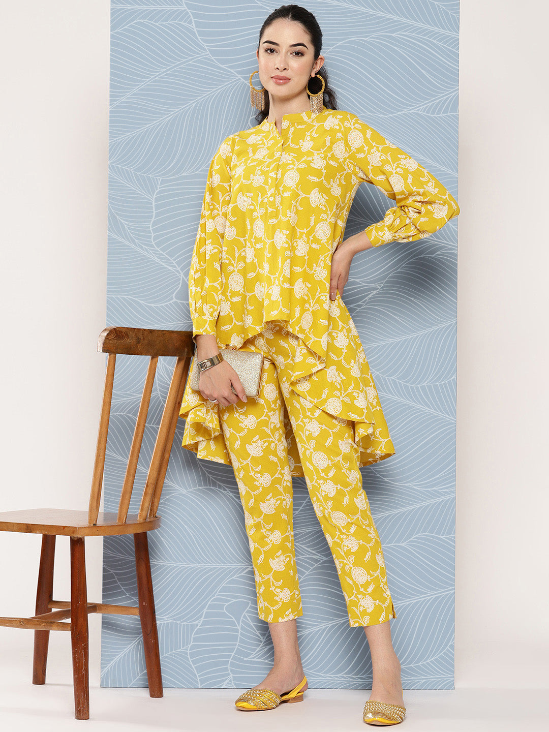 Janasya Women's Mustard Cotton Floral Printed High Low Casual Tunic Set | Grocsy
