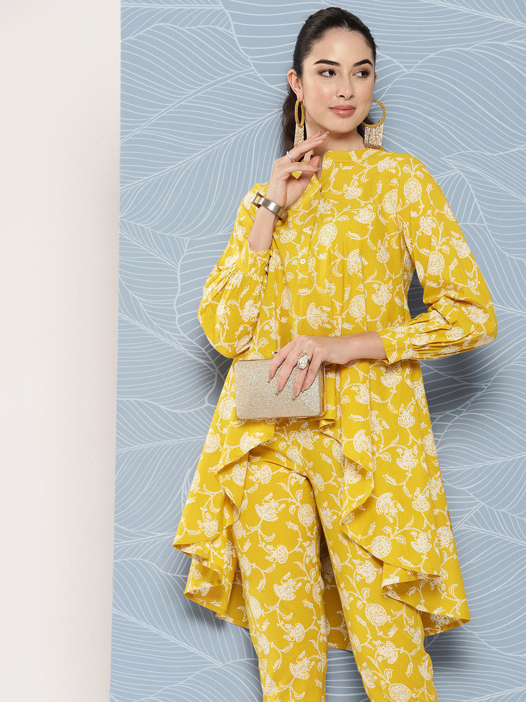 Janasya Women's Mustard Cotton Floral Printed High Low Casual Tunic Set | Grocsy
