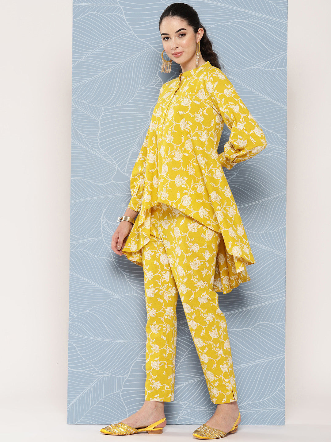 Janasya Women's Mustard Cotton Floral Printed High Low Casual Tunic Set | Grocsy