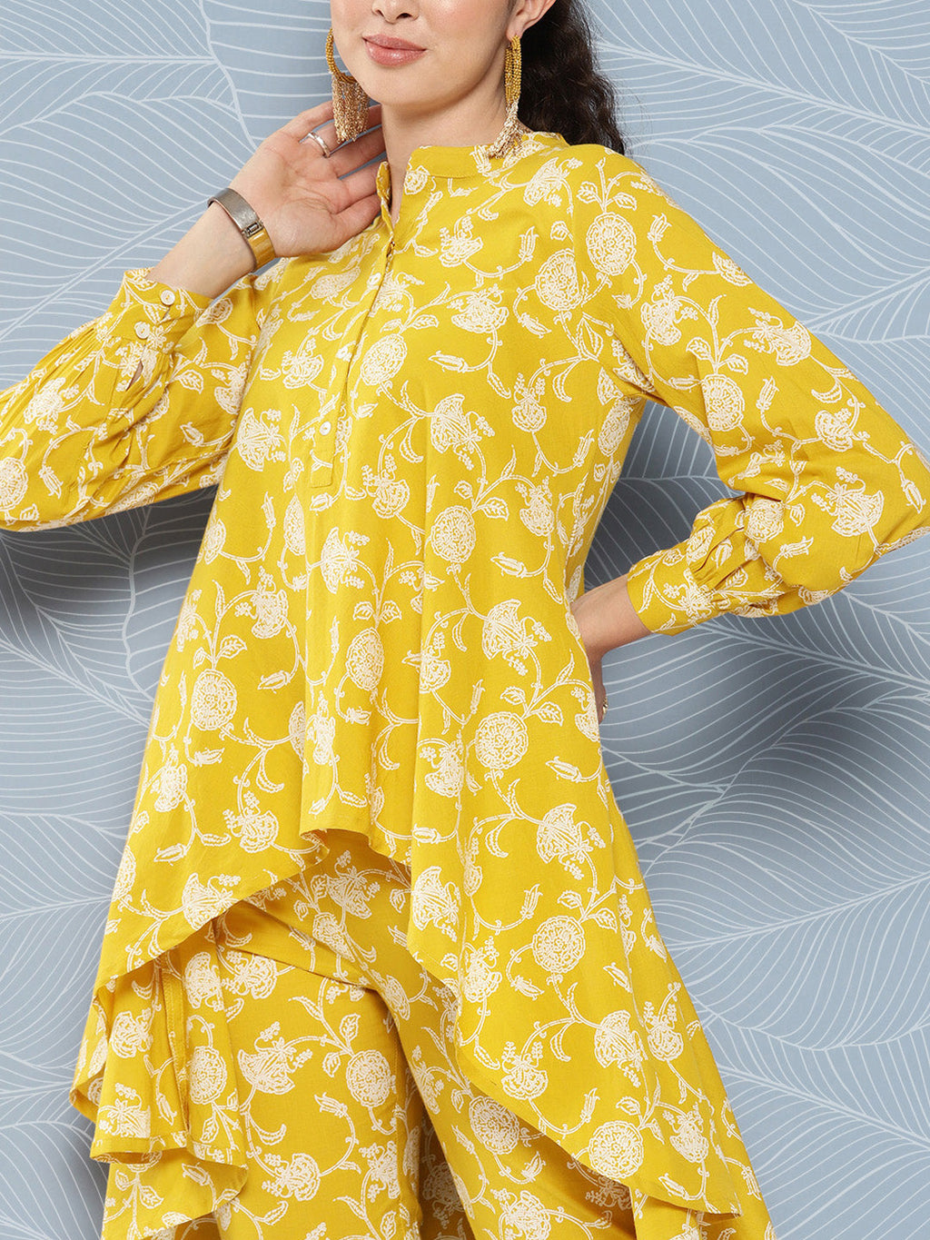 Janasya Women's Mustard Cotton Floral Printed High Low Casual Tunic Set | Grocsy