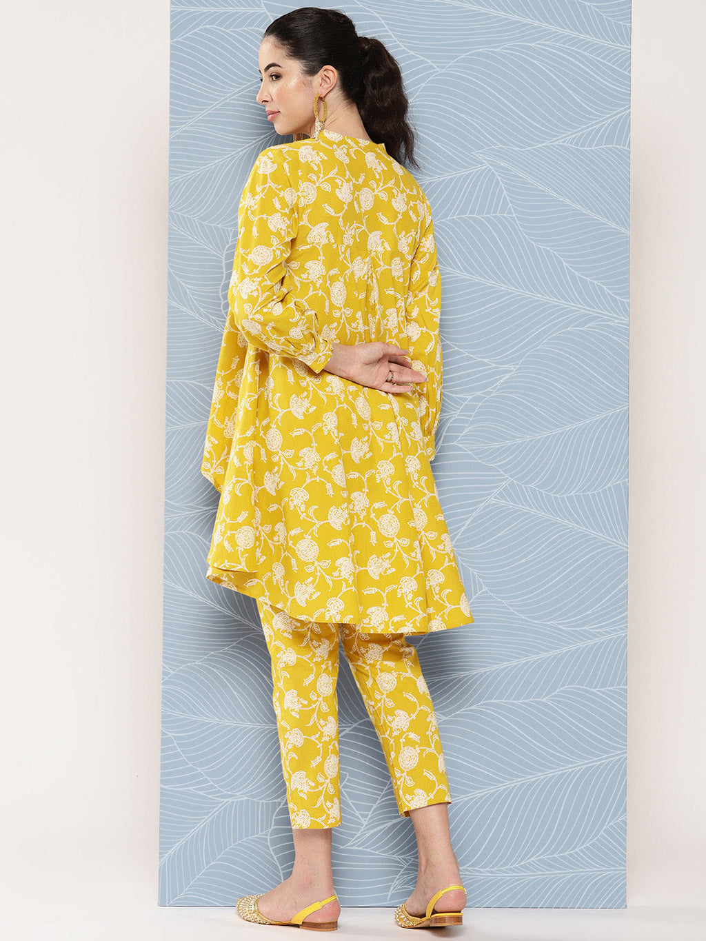 Janasya Women's Mustard Cotton Floral Printed High Low Casual Tunic Set | Grocsy