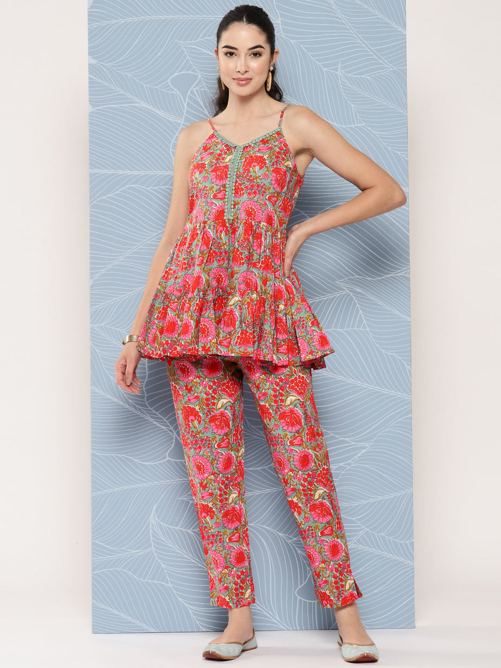 Janasya Women's Multicolor Cotton Floral Printed Peplum Casual Top Set | Grocsy