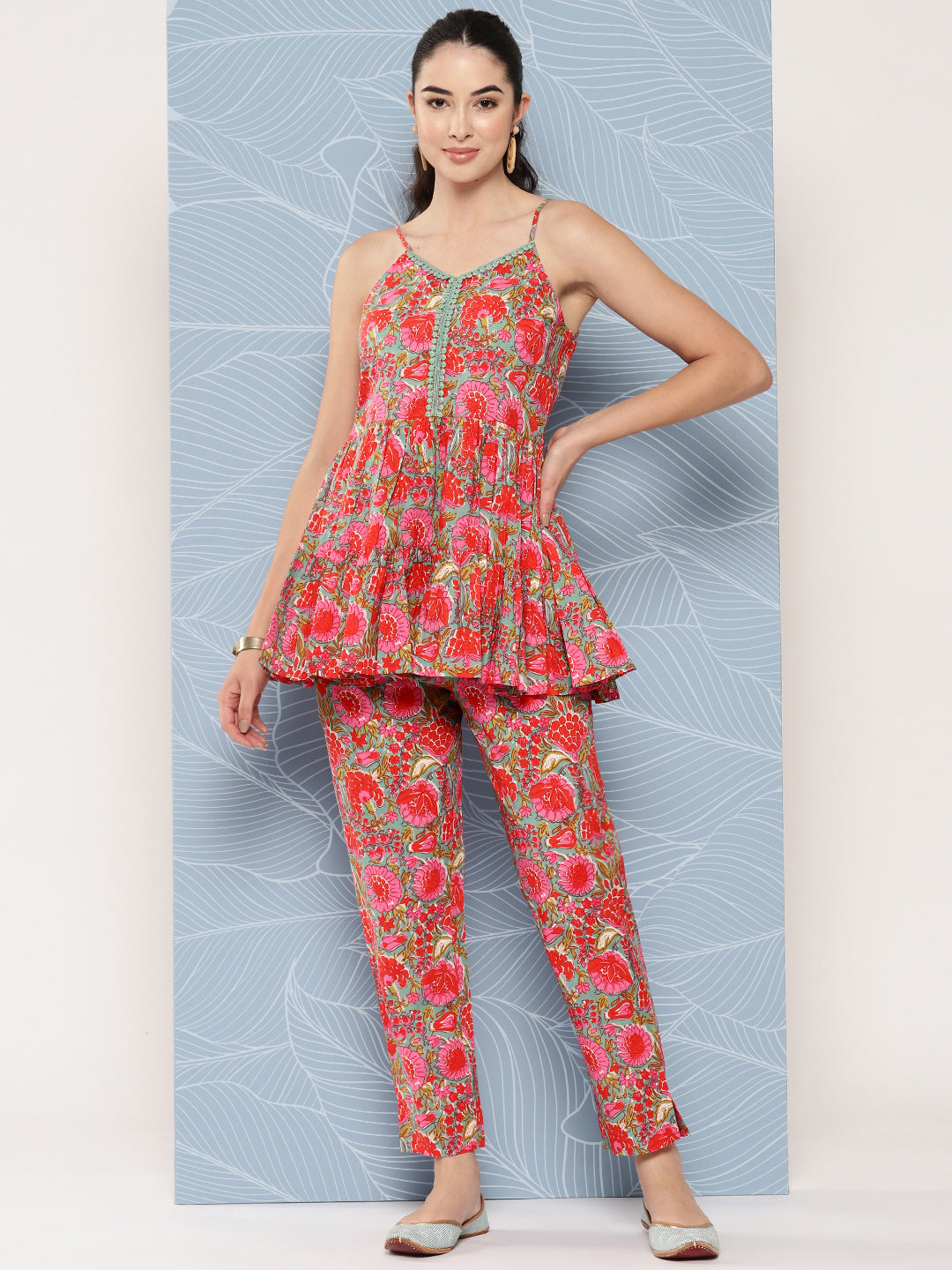 Janasya Women's Multicolor Cotton Floral Printed Peplum Casual Top Set | Grocsy