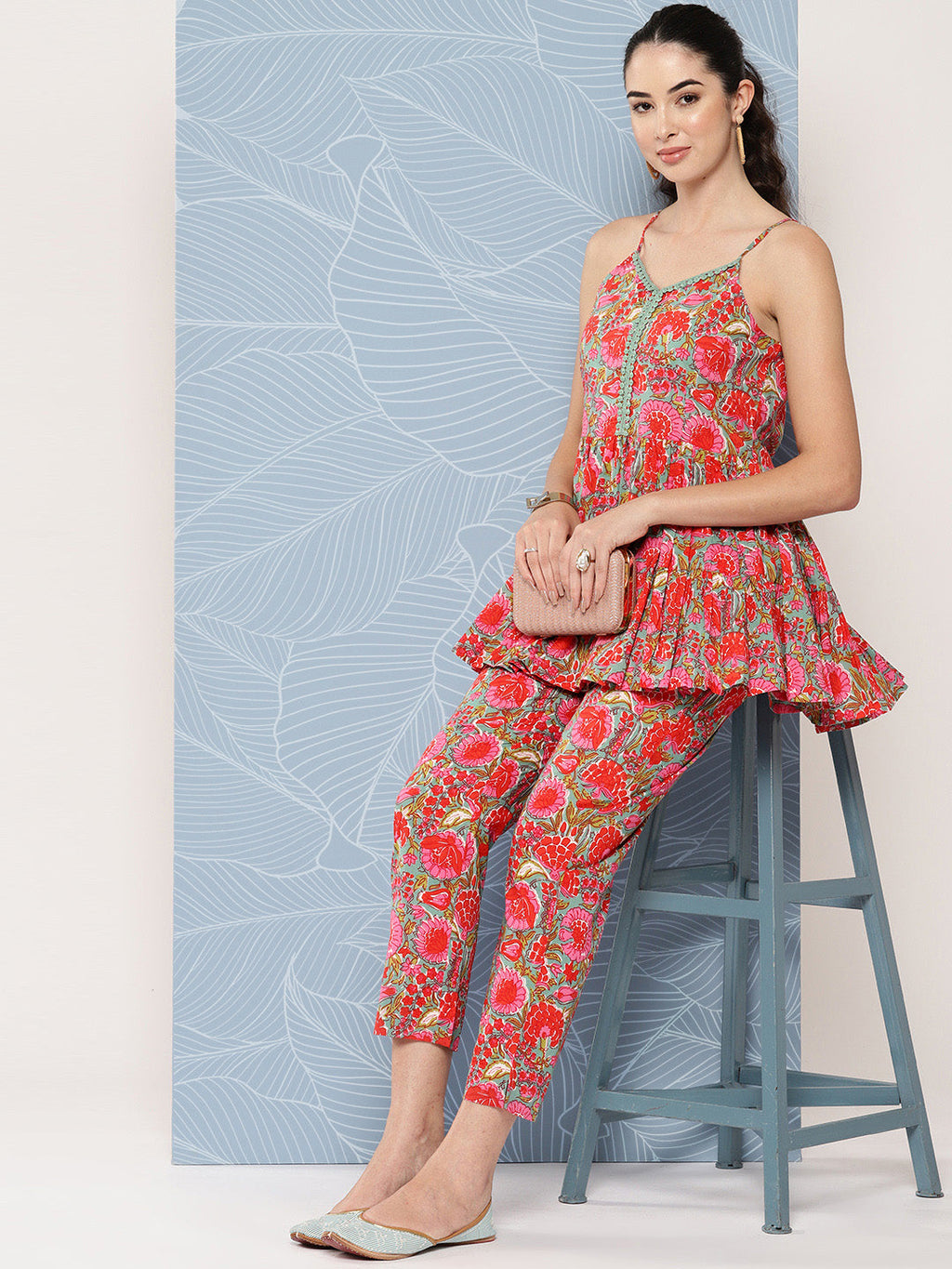 Janasya Women's Multicolor Cotton Floral Printed Peplum Casual Top Set | Grocsy