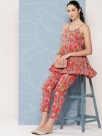 Janasya Women's Multicolor Cotton Floral Printed Peplum Casual Top Set | Grocsy