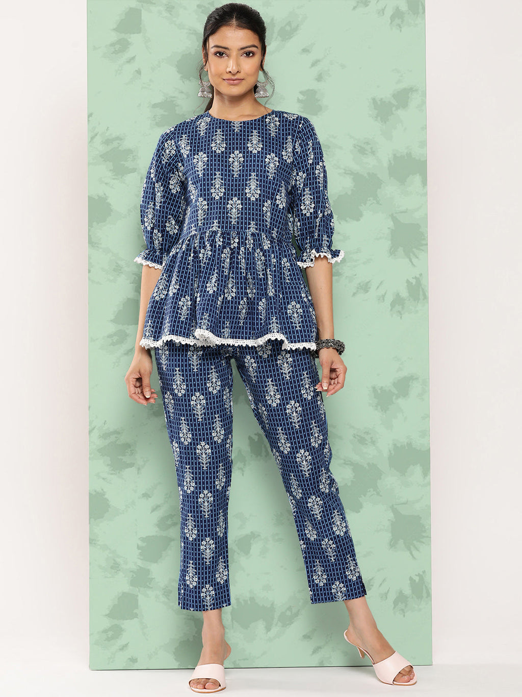Janasya Women's Blue Cotton Floral Printed Peplum Casual Top Set | Grocsy