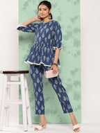 Janasya Women's Blue Cotton Floral Printed Peplum Casual Top Set | Grocsy