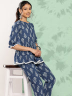 Janasya Women's Blue Cotton Floral Printed Peplum Casual Top Set | Grocsy