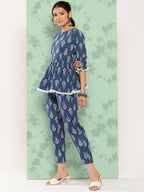 Janasya Women's Blue Cotton Floral Printed Peplum Casual Top Set | Grocsy