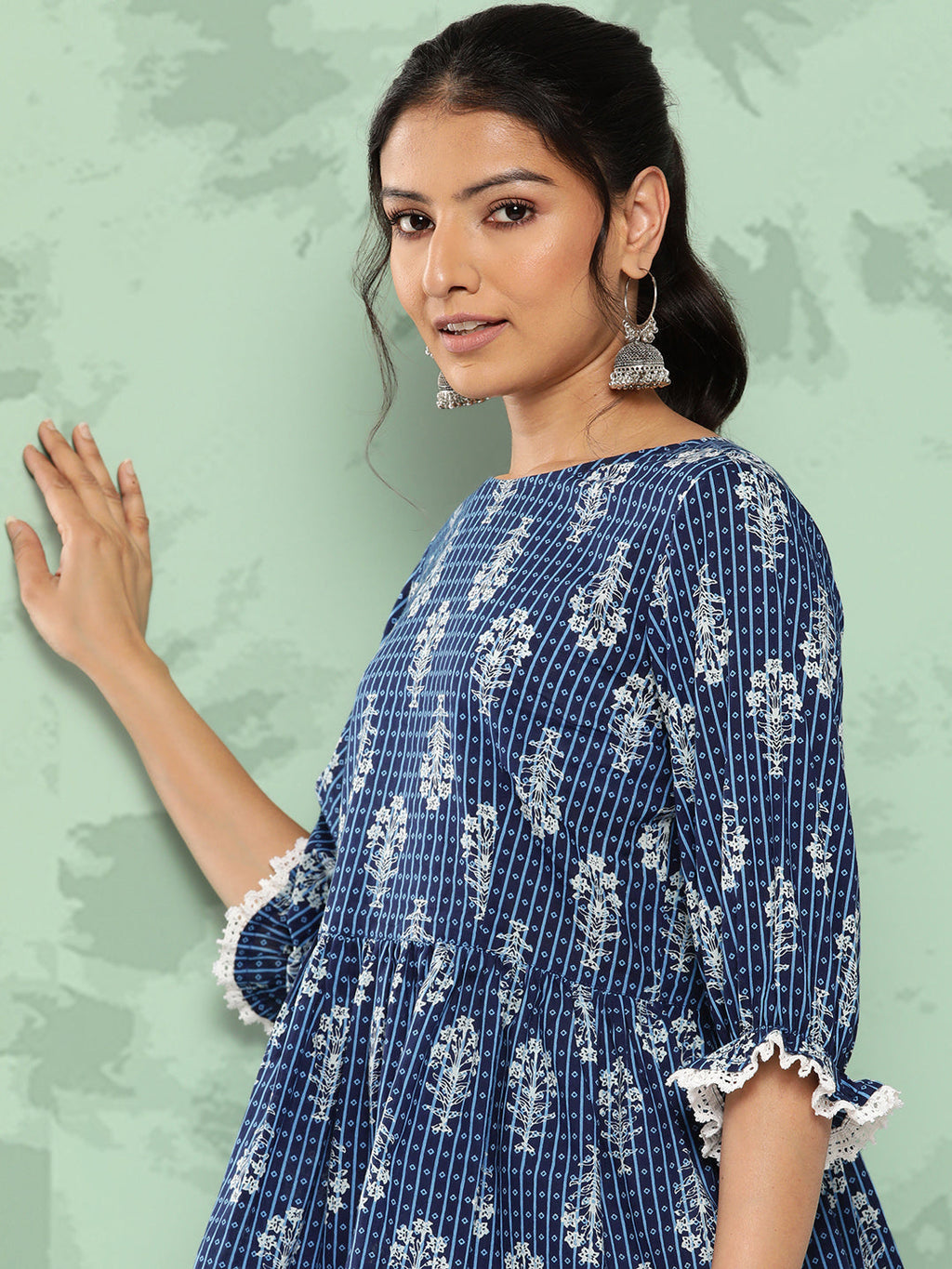 Janasya Women's Blue Cotton Floral Printed Peplum Casual Top Set | Grocsy